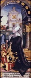 Wildensteiner Altar rechter Drehflügel innen, kniende Stifterin Gräfin Apollonia von Henneberg mit Wappen